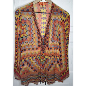 Hale Bob‎ Cabana Beaded Silk Vacation Cover-up Tunic Geometric Print Size Medium